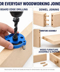 Right On Track Self Centering Dowel Jig Kit With Multiple Size Drill Bushings For Flawless Wood Joinery And Precise Hole Placement Easy Bench Tool That Cuts Setup Time In Half, blue jig in use for drilling.