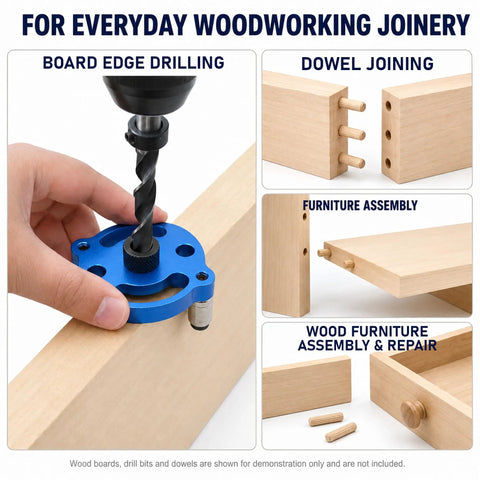Right On Track Self Centering Dowel Jig Kit With Multiple Size Drill Bushings For Flawless Wood Joinery And Precise Hole Placement Easy Bench Tool That Cuts Setup Time In Half, blue jig in use for drilling.
