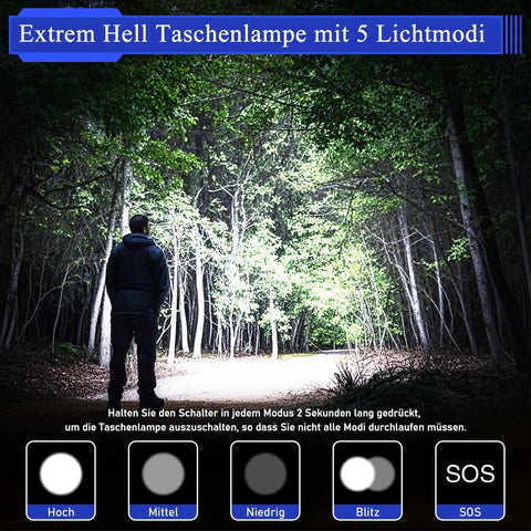 Person lighting forest path with Ultra Bright LED Flashlight With 100000 Lumens Rechargeable 10800mAh Battery Zoomable Focus