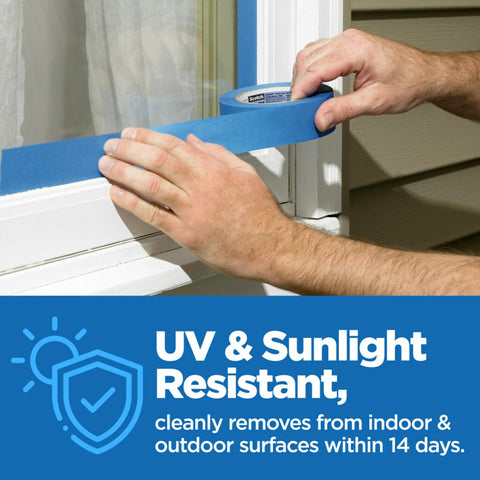 Applying Multi Surface Painter Tape 1 Inch Wide Blue Masking Tape 60 Yards to window trim, UV and sunlight resistant for indoor and outdoor use.
