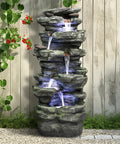 40 Inch High Six Tier Cascading Rock Outdoor Water Fountain With LED Lights for garden or patio, natural grey finish
