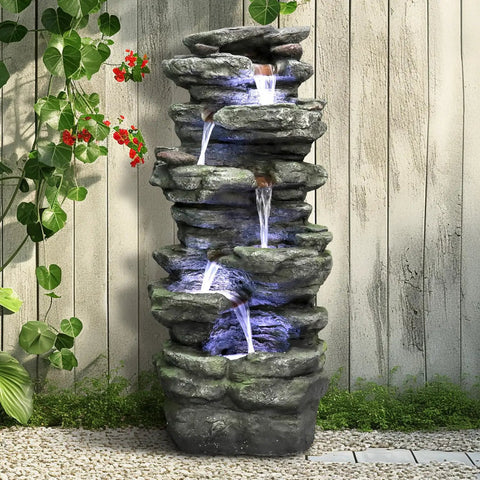 40 Inch High Six Tier Cascading Rock Outdoor Water Fountain With LED Lights for garden or patio, natural grey finish