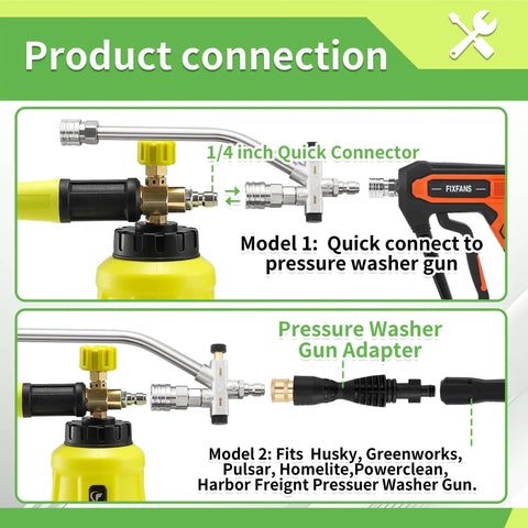 Foam Cannon With Dual Connectors For Pressure Washers, Double Tip Soap Cannon Attachment, 1/4 Inch Quick Connect, Five Nozzles
