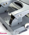 Close-up of Deluxe 3 Hole Punch With Chip Drawer Heavy Duty Paper Punch Delivers Clean 45 Sheet Capacity Ergonomic Padded Handle