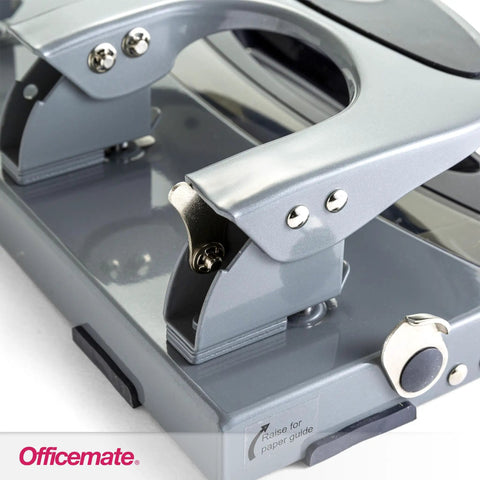 Close-up of Deluxe 3 Hole Punch With Chip Drawer Heavy Duty Paper Punch Delivers Clean 45 Sheet Capacity Ergonomic Padded Handle