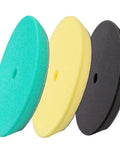 3 Piece Orbital Polishing Pads Set For Buffing And Waxing 5 Inch Hook And Loop Foam Buffer Pads For Cutting Compounding Polishing And Finishing Cars Like A Boss Durable German Foam With Secure Binding Technology featuring green, yellow, and black pads