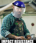 Man wearing a blue 4 Pack Safety Face Shields For Grinding And Cutting, Full Face Protection Mask with impact resistant visor.