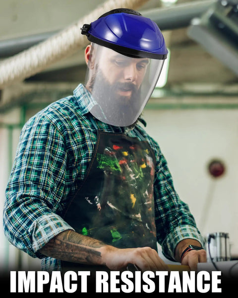 Man wearing a blue 4 Pack Safety Face Shields For Grinding And Cutting, Full Face Protection Mask with impact resistant visor.