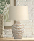 Cozy Farmhouse Coastal Table Lamp With Textured Dot Jug Base, 23 1/2 Inch High, Oatmeal Shade, Beige Earth Finish, UL Listed