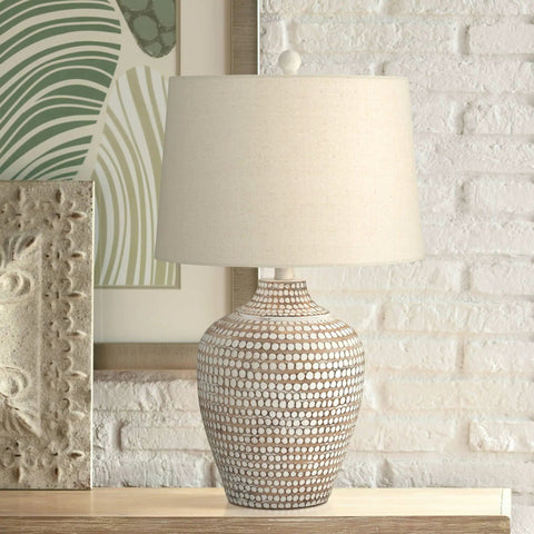 Cozy Farmhouse Coastal Table Lamp With Textured Dot Jug Base, 23 1/2 Inch High, Oatmeal Shade, Beige Earth Finish, UL Listed