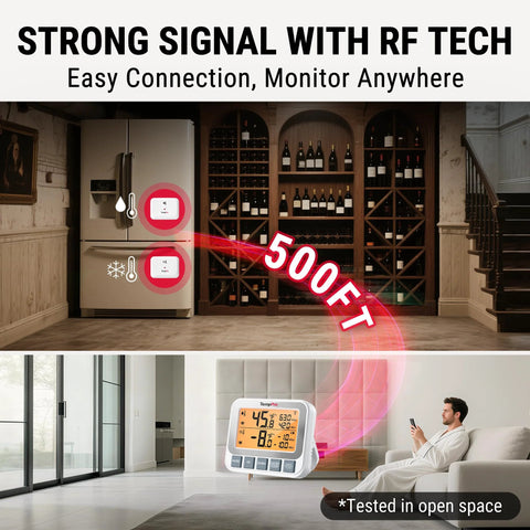 Front view banner showing TempPro wireless fridge thermometer with 500 ft RF range. 
Close-up of TempPro wireless refrigerator thermometer with backlit LCD display in a living room.