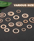 18 Piece M10 Copper Washers Set M10x16x1.5mm Copper Crush Washers for Automotive Oil Drain Plug Bolts, various sizes.