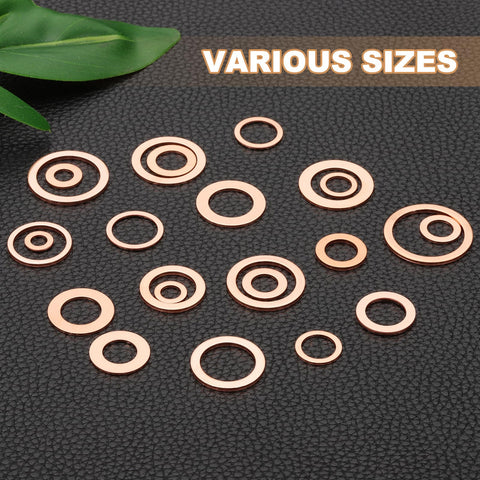 18 Piece M10 Copper Washers Set M10x16x1.5mm Copper Crush Washers for Automotive Oil Drain Plug Bolts, various sizes.