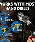 Image of upgraded electric drill plate cutter dual-wheel nibbler system compatible with 21V, 12V, and impact drills.