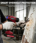 Person using Cordless Heat Gun Kit With 5 Nozzles And A 20V Li Ion Battery Portable Hot Air Tool for removing paint from a wooden surface.