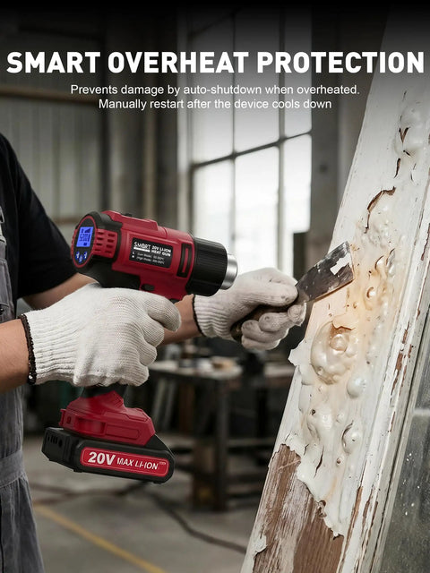 Person using Cordless Heat Gun Kit With 5 Nozzles And A 20V Li Ion Battery Portable Hot Air Tool for removing paint from a wooden surface.