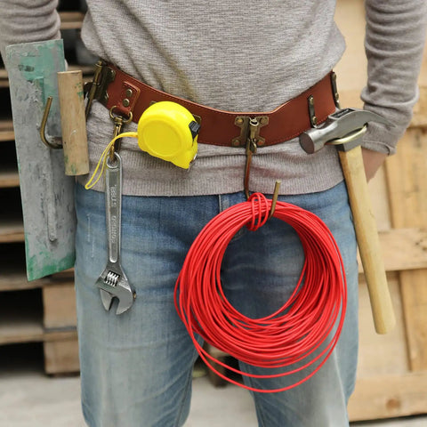 Adjustable Tool Belt With Hammer Hatchet Holder And Drill Holster For Tape Measure Heavy Duty Waist Belt Brown With Leather Keeper Loop