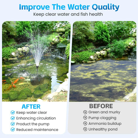 Comparison of ponds before and after using Pond Filter With Fountain Pump Kit 660 GPH, showing clearer water and improved quality