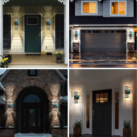 Dusk To Dawn Outdoor Wall Light 3 Layer Up And Down Matte Black IP65 Waterproof Exterior Sconce on various outdoor walls.
