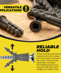 Close-up of ribbed plastic drywall anchors, bulk pack of expandable split body anchors for drywall size six to eight by seven eighths inch.