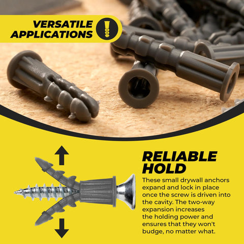 Close-up of ribbed plastic drywall anchors, bulk pack of expandable split body anchors for drywall size six to eight by seven eighths inch.