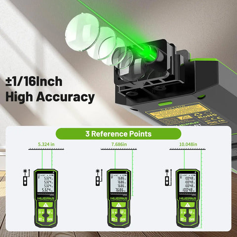 330 Ft Green Laser Measuring Tool With Bluetooth App Control, showing 1/16 inch accuracy and measurement reference points