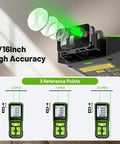 Compact Bluetooth Green Laser Measure With 395Ft Long Range And One Sixteenth Inch High Accuracy showing laser measurement and three reference points.