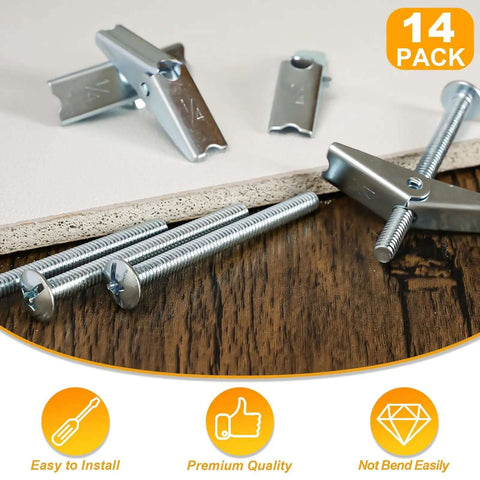 Heavy Duty Quarter Inch Toggle Bolts For Drywall Kit, 14 Pack Metal Drywall Anchors with screws shown on wooden surface