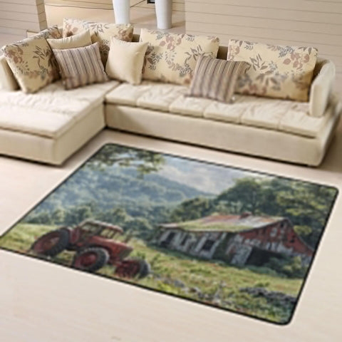 63x48 Inch Soft Non Slip Area Rug For Living Room And Bedroom Large Modern Indoor Floor Mat Doormat Style Low Pile Carpet Machine Washable Water Absorbent Flannel Non Slip Backing For Home Office Decor with a farmhouse design next to a sofa.