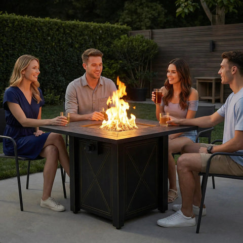 30 Inch Propane Fire Pit Table With Premium Ceramic Top, 50000 BTU Gas Firepit, Includes Lid And Lava Rocks, used by four people