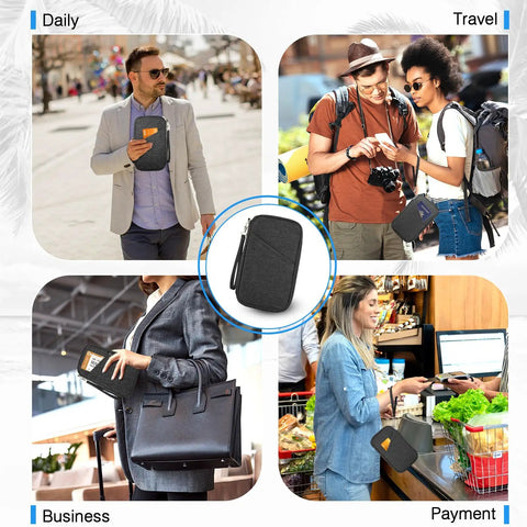Family RFID Travel Document Organizer And Passport Wallet For Women And Men On The Go Waterproof Zippered Card Holder in use.