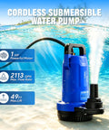 Heavy Hitter Cordless Submersible Utility Pump With 1Hp Brushless Motor Shifts 2113Gph Swiftly in blue, submerged in water.