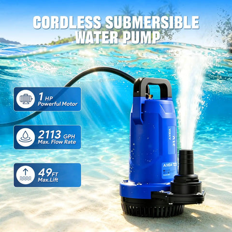 Heavy Hitter Cordless Submersible Utility Pump With 1Hp Brushless Motor Shifts 2113Gph Swiftly in blue, submerged in water.