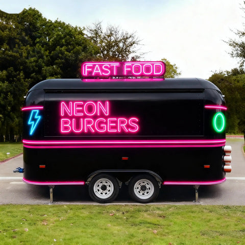 Commercial Grade Coffee Trailer And Mobile Hot Dog Cart Featuring Chef Ready Full Kitchen Setup With Plug And Play Wiring To Help You Crush Sales At Street Events, black food trailer with neon signs.