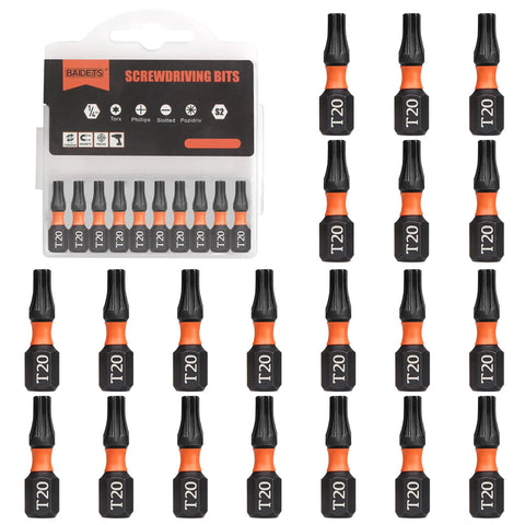 Pro T20 Torx Screwdriver Bit Set 20Pcs 25mm Length One Quarter Inch Hex Shank Torx 20 Bits In Durable Storage Box Made From TS2 Chrome Vanadium Steel With Black Phosphate Coating For Longevity.