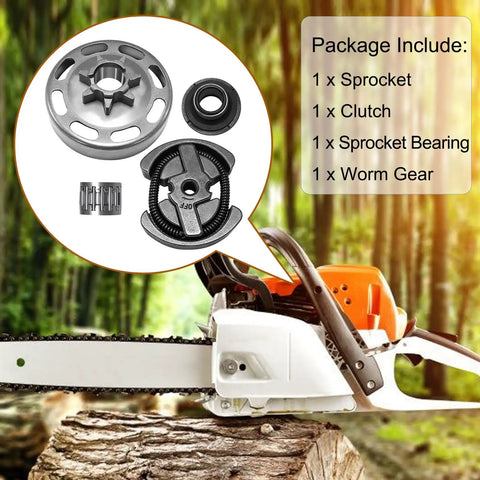 325 LP 7 Tooth Spur Rim Sprocket Kit Clutch Drum Bearing Set For Husqvarna 435 435E 440 440E Chainsaws And Jonsered CS2240 Series Pro Upgrade For Faster Starts And Smoother Runs; includes sprocket, clutch, and bearing displayed with chainsaw.