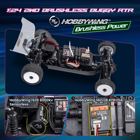 Speck B Elite Brushless 1 By 24 2WD Mini RC Car RTR Buggy with Hobbywing ESC components and 8000KV motor in Razor Magenta.
