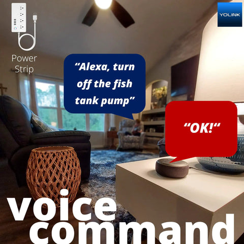 Living room with smart speaker demonstrating No Brainer Long Range Smart Power Strip With Four USB Ports And Four AC Outlets control.
