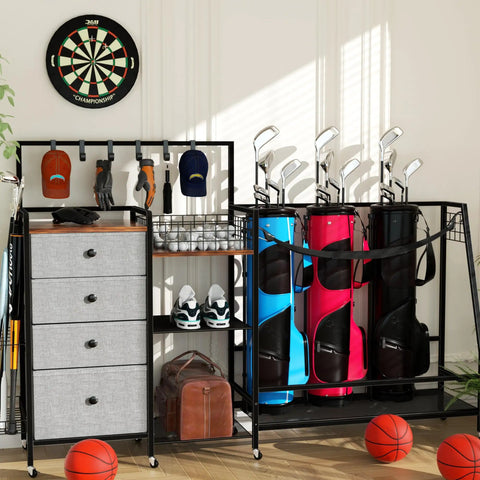 Heavy Duty Golf Bag Storage Rack For Garage Fits 3 Full Size Bags With 4 Drawers, Side Basket And Lockable Casters. Carbon Steel.