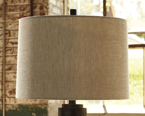 Close-up of Industrial Glass Table Lamp With Drum Shade In Bronze Finish 30 Inch Modern Bedroom And Living Room Lighting
