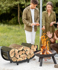 Beefy Firewood Rack For Outdoor Use, 29 Inch Log Holder with Black Steel Frame near fire pit, U Shape Design