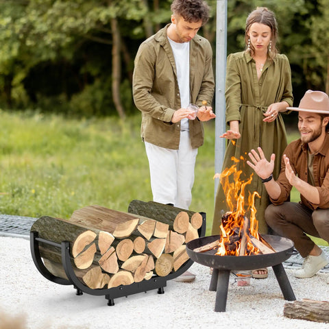 Beefy Firewood Rack For Outdoor Use, 29 Inch Log Holder with Black Steel Frame near fire pit, U Shape Design