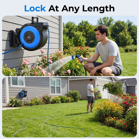 Man using Retractable Garden Hose Reel Wall Mount With Five Eighth Inch 90 Ft Hose Auto Rewind Lock At Any Length 180 Degree Swivel