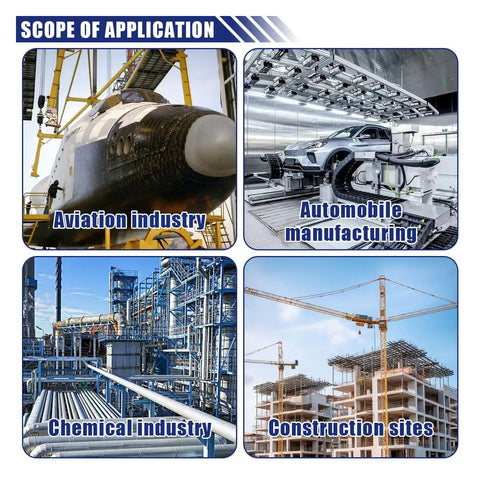 Scope of application for Two Pack 300A Welding Ground Clamp Set including aviation, automobile, chemical, and construction industries.