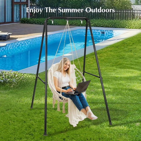 Beefy Backyard Hammock Swing Stand Frame by poolside, heavy duty metal build for indoor and outdoor use, hammock chair not included.