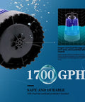 Close-up of Go To Submersible Water Pump For Ponds, Pools, Basements And Drains 1/2 HP 1700 GPH with safety features and specs