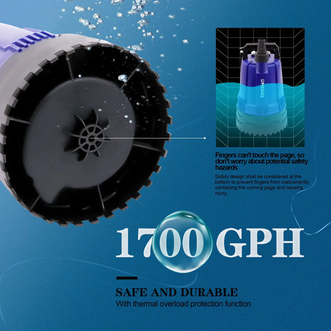 Close-up of Go To Submersible Water Pump For Ponds, Pools, Basements And Drains 1/2 HP 1700 GPH with safety features and specs