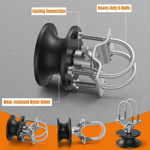 Premium Heavy Duty Nylon Sliding Gate Rollers Four Pack Cantilever Rolling Hardware with wear-resistant nylon roller and heavy-duty U-bolts.