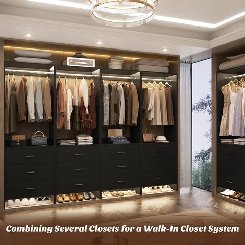 Black 7.2 Ft Wood Closet System Organizer, Set of 4 Modular Wardrobe Units with Hanging Rods, stylish storage for clothing.