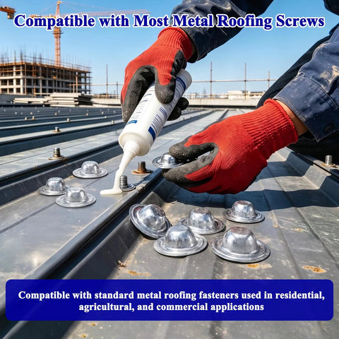 Heavy Duty Metal Roof Screw Caps 100 Pack Galvalume Rustproof Waterproof Covers applied with sealant on roofing screws.